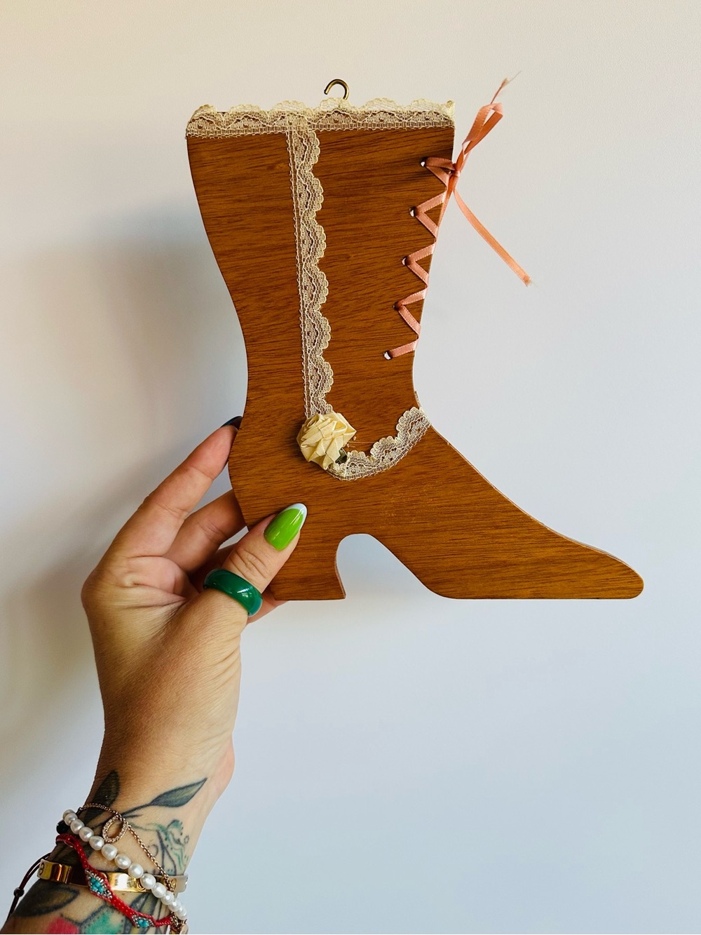 Vintage Wooden Victorian Boot Wall Decor Lace Ribbon Coquette Shabby Chic 8.5" - Picture 2 of 10